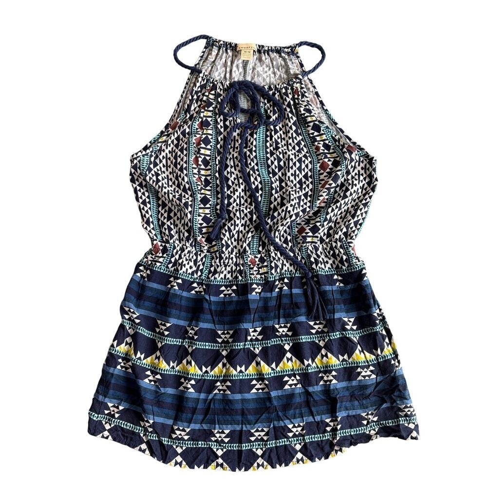 Womens Boho Geometric Halter Neck Mini Dress Blue White Medium Made USA‎